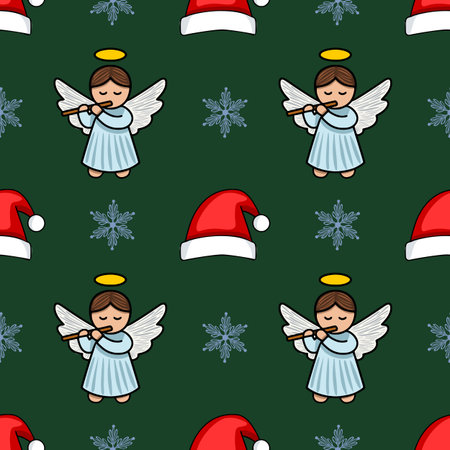 Seamless vector Christmas pattern featuring adorable angels playing flutes, interspersed with Santa hats and snowflakes on a deep green background, creating a charming and festive design.のイラスト素材