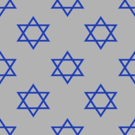 Seamless vector pattern of blue Star of David symbols on a gray background, ideal for Hanukkah or Jewish-themed designs.のイラスト素材