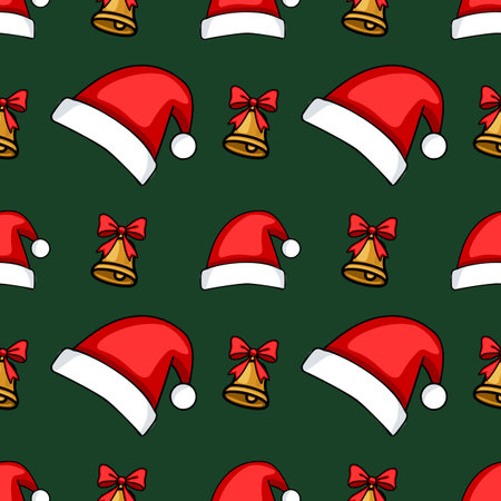Seamless vector pattern of cheerful Christmas bells with red bows and Santa hats on a dark green background, perfect for festive designs and winter holidays.のイラスト素材