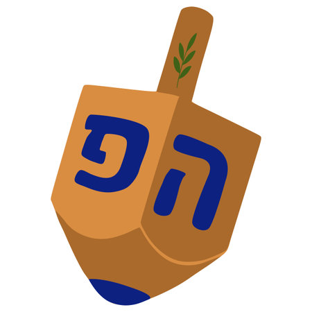 A vector illustration of a dreidel, a traditional spinning top played during Hanukkah, featuring a brown body, blue Hebrew letters, and a green sprig on top, offering a unique and festive design.のイラスト素材