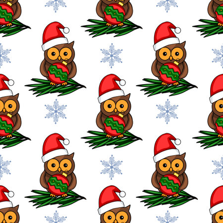 Seamless vector pattern of cute owls in Santa hats holding Christmas baubles, nestled on fir branches, interspersed with snowflakes on a white background.のイラスト素材