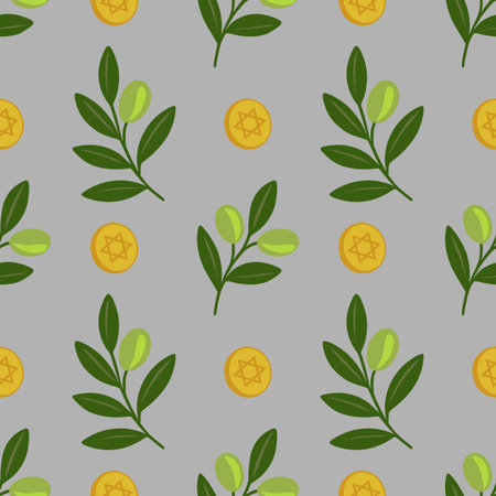 Seamless vector pattern featuring olive branches and Star of David coins, perfect for Hanukkah or Jewish holiday designs, symbolizing peace, prosperity, and tradition.のイラスト素材