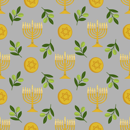 Seamless vector pattern of golden menorahs, olive branches, and Star of David coins, ideal for Hanukkah or Jewish holiday designs.のイラスト素材