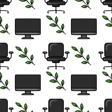 Seamless vector pattern of office chairs, computer monitors, and green leaves, creating a minimalist and modern design for various applications.のイラスト素材