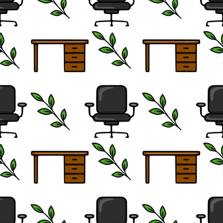 Seamless vector pattern of office furniture and green leaves, featuring brown desks, black office chairs, and stylized foliage, perfect for backgrounds and office-themed designs.のイラスト素材