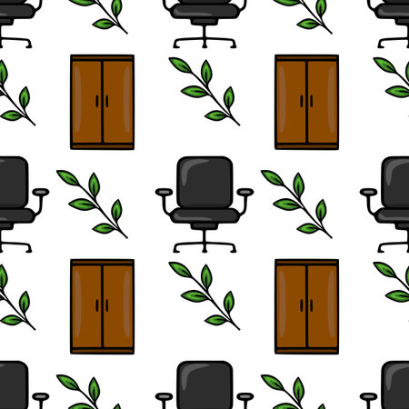 Seamless vector pattern of office chairs, wooden cabinets, and green leaves, creating a minimalist and fresh office environment illustration.のイラスト素材