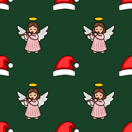 Seamless vector Christmas pattern featuring charming angels playing flutes and Santa hats on a deep green background, creating a festive and whimsical design.のイラスト素材