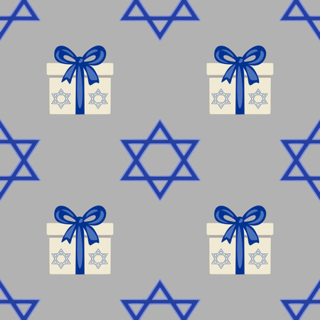 Seamless vector pattern featuring Hanukkah gift boxes with blue bows and Star of David symbols on a gray background, ideal for festive designs and holiday wrapping.のイラスト素材
