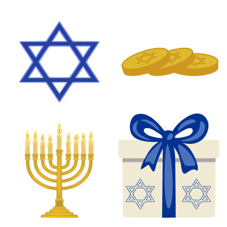 Festive Hanukkah Vector Illustration: Menorah, Star of David, Gift Box, and Gold Coins ? a vibrant depiction of traditional Hanukkah symbols.のイラスト素材