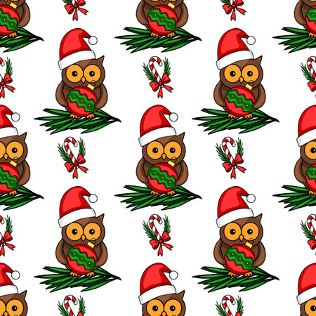 Seamless vector Christmas pattern featuring adorable owls in Santa hats, holding Christmas baubles, nestled on fir branches, interspersed with candy canes and festive bows ? a charming design perfe...のイラスト素材