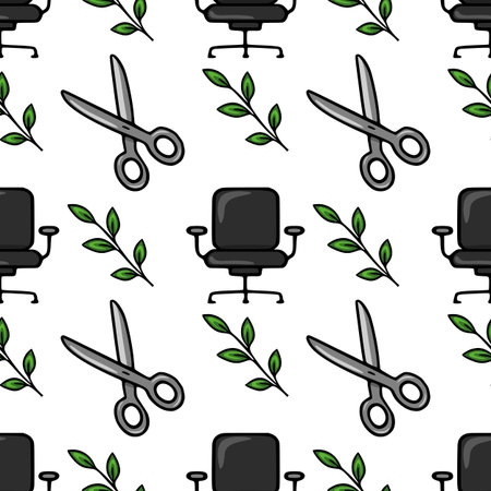 Seamless vector pattern featuring office chairs, scissors, and green leaves, a unique design for backgrounds and textile prints.のイラスト素材