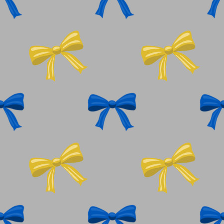 Seamless vector pattern featuring yellow and blue bows on a grey background, a cheerful and festive design ideal for wrapping paper or holiday projects.のイラスト素材