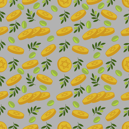 Seamless vector pattern of golden Hanukkah gelt coins, olive branches, and green beans, ideal for festive backgrounds and holiday designs.のイラスト素材