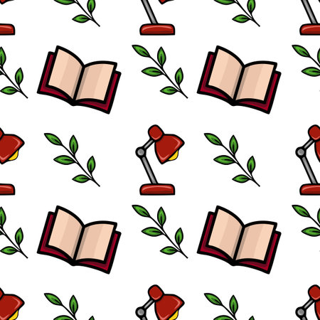 Seamless vector pattern featuring red desk lamps, open books, and green leaves, creating a charming and studious atmosphere.のイラスト素材