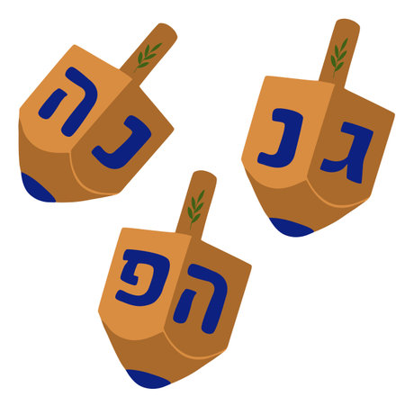A playful vector illustration featuring three dreidels, traditional Hanukkah spinning tops, adorned with Hebrew letters and olive branch details, set against a clean white background.のイラスト素材
