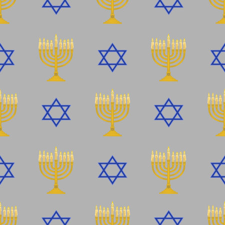 Seamless vector pattern featuring golden menorahs with lit candles and blue Star of David symbols on a gray background, ideal for Hanukkah celebrations and Jewish-themed designs.のイラスト素材