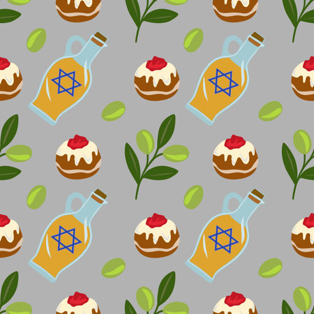 Seamless vector pattern featuring sufganiyot, olive branches, and oil decanters with Star of David, ideal for Hanukkah celebrations.のイラスト素材
