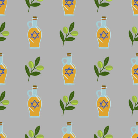Seamless vector pattern featuring olive branches and oil bottles with Star of David, perfect for Hanukkah or Jewish-themed designs.のイラスト素材