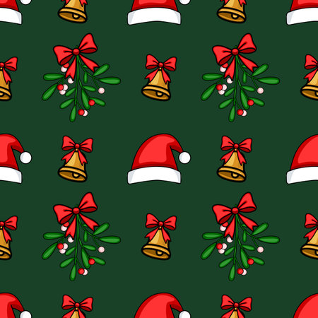 Seamless vector Christmas pattern with hand-drawn illustrations of Santa hats, mistletoe sprigs, and golden bells adorned with red bows, set against a deep green background.のイラスト素材