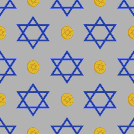 Seamless vector pattern featuring blue Star of David symbols and golden Hanukkah gelt coins on a gray background, ideal for festive holiday designs.のイラスト素材