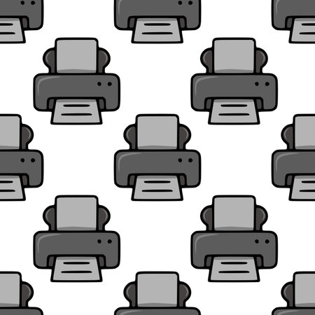 Seamless vector pattern of stylized grey printers, ideal for office-themed designs, featuring a playful cartoonish style and repeating print motif.のイラスト素材