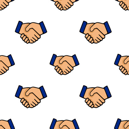 Seamless vector pattern of handshakes in a simple cartoon style with blue sleeves and beige hands, ideal for business or agreement concepts.のイラスト素材