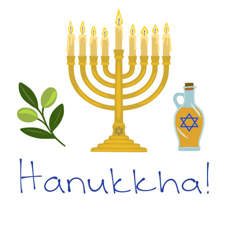 Festive Hanukkah vector illustration featuring a menorah with lit candles, an olive branch, and a bottle of oil, symbolizing the miracle of light and the holidays traditions.のイラスト素材