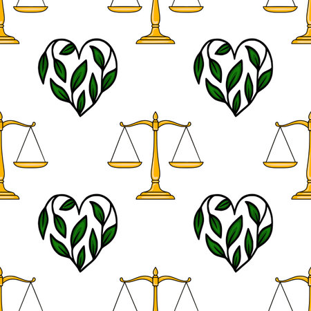 Seamless vector pattern featuring golden scales of justice and heart-shaped green leaf arrangements, symbolizing balance and natures harmony.のイラスト素材