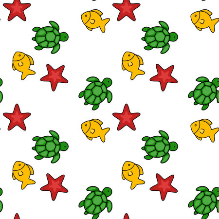 Seamless vector pattern featuring playful cartoon turtles, goldfish, and starfish on a white background, creating a vibrant and cheerful underwater scene.のイラスト素材