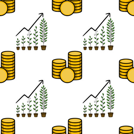Seamless vector pattern illustrating financial growth, depicted with stacks of gold coins and potted plants progressing in size, symbolizing investment returns and prosperity.のイラスト素材