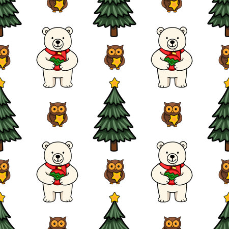 Seamless vector Christmas pattern with cute polar bears holding ornaments, owls with stars, and festive evergreen trees, creating a charming winter wonderland design.のイラスト素材