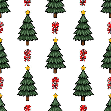 Seamless vector pattern featuring stylized Christmas trees adorned with yellow stars and accompanied by red lollipops with bows, creating a festive and cheerful winter design.のイラスト素材