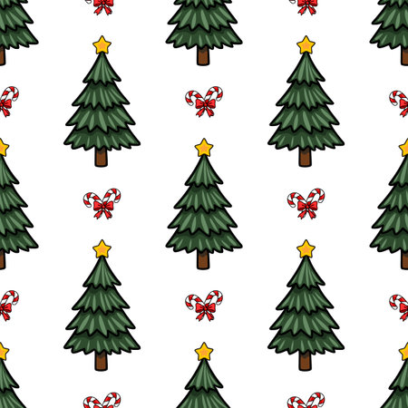 Seamless vector pattern featuring stylized Christmas trees adorned with yellow stars, complemented by candy canes tied with red bows, creating a festive winter design.のイラスト素材