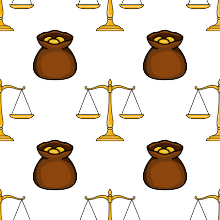 Seamless vector pattern featuring golden scales of justice and brown sacks of gold coins, illustrating a concept of legal wealth and balance.のイラスト素材