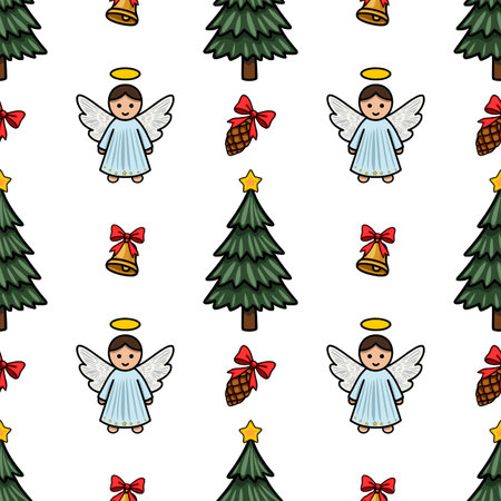 Seamless vector pattern featuring adorable angels, Christmas trees, bells, pine cones, and bows, perfect for festive designs and winter holidays.のイラスト素材