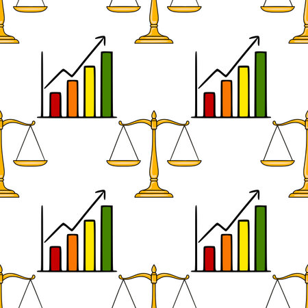 Seamless vector pattern featuring golden scales of justice and a vibrant bar graph illustrating upward financial growth, symbolizing balanced prosperity and legal success.のイラスト素材