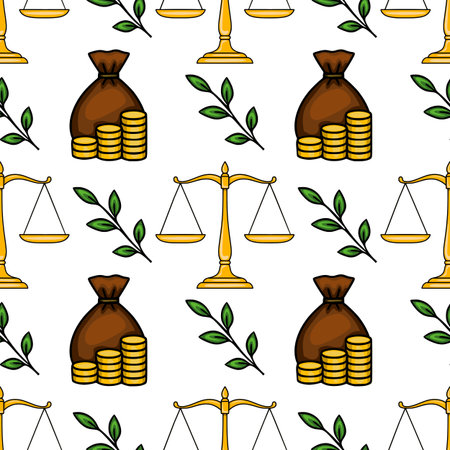 Seamless vector pattern with golden scales of justice, money bags, and green leaves, symbolizing financial equity and prosperity.のイラスト素材