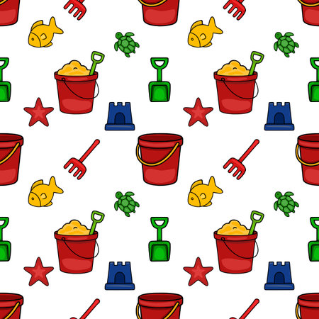 Seamless vector pattern of cheerful beach toys: red buckets, green shovels, rakes, sandcastles, starfish, and turtles, creating a playful summer vibe.のイラスト素材
