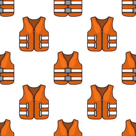 Seamless vector pattern of orange life vests with white stripes and gray buckles, ideal for nautical or safety-related designs.のイラスト素材