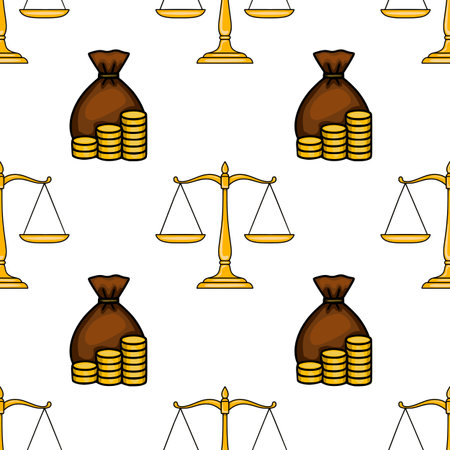 Seamless vector pattern featuring golden scales of justice and sacks of gold coins, symbolizing the balance of wealth and law.のイラスト素材