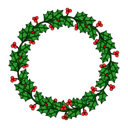 Festive Christmas vector wreath design featuring a circular arrangement of holly leaves and red berries, perfect for holiday invitations or seasonal decorations.のイラスト素材