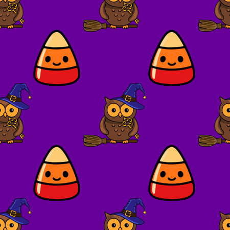 Seamless vector Halloween pattern with cute cartoon owls in witch hats riding broomsticks and candy corn on a vibrant purple background, perfect for festive designs.のイラスト素材