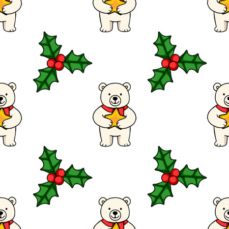 Seamless vector pattern featuring adorable polar bears holding golden stars and festive holly sprigs, perfect for Christmas-themed designs.のイラスト素材