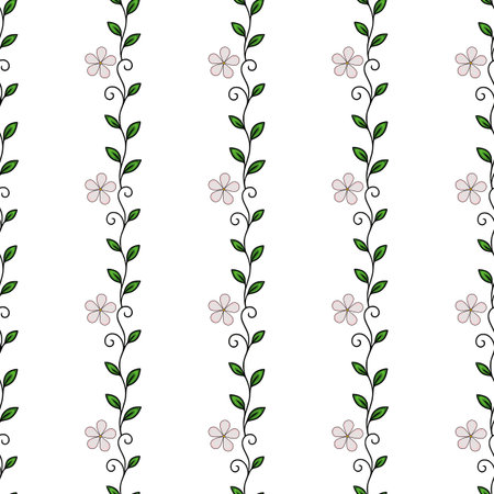 Seamless vector pattern of delicate pink flowers and green leaves arranged in vertical lines, creating a charming and elegant floral design.のイラスト素材
