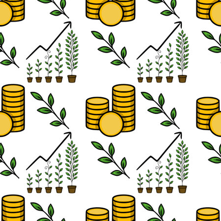 Seamless vector pattern of growing plants in pots and stacks of gold coins illustrating financial growth and investment concept.のイラスト素材