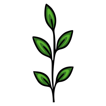 A vector illustration of a stylized sprig with five green leaves, featuring a bold black outline and layered shades of green for a vibrant, nature-inspired design.のイラスト素材