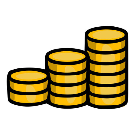 A vector illustration of three stacks of gold coins increasing in size, representing growth and financial success, with a bold black outline and vibrant yellow fill.のイラスト素材