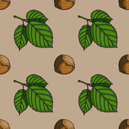 Seamless vector pattern of hazelnuts and leaves, a detailed illustration with a natural autumnal palette, perfect for textile prints or fall-themed designs.のイラスト素材