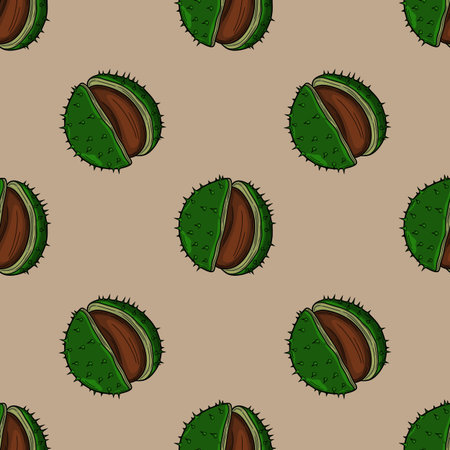 Seamless vector pattern of hand-drawn chestnut husks, showcasing a vibrant green and brown color palette, ideal for autumnal designs and textile prints.のイラスト素材