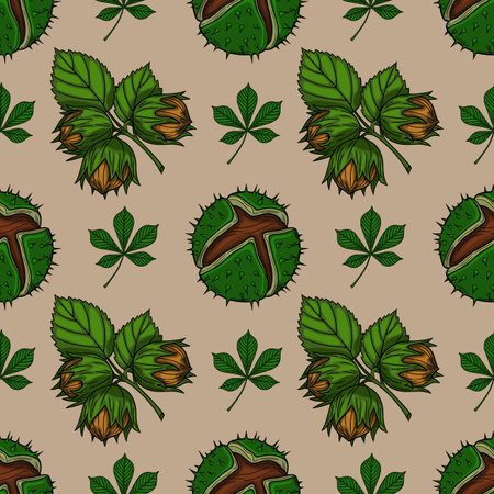Seamless vector pattern with hand-drawn illustrations of hazelnuts and horse chestnuts, featuring detailed leaves and a beige background, ideal for autumn-themed designs.のイラスト素材